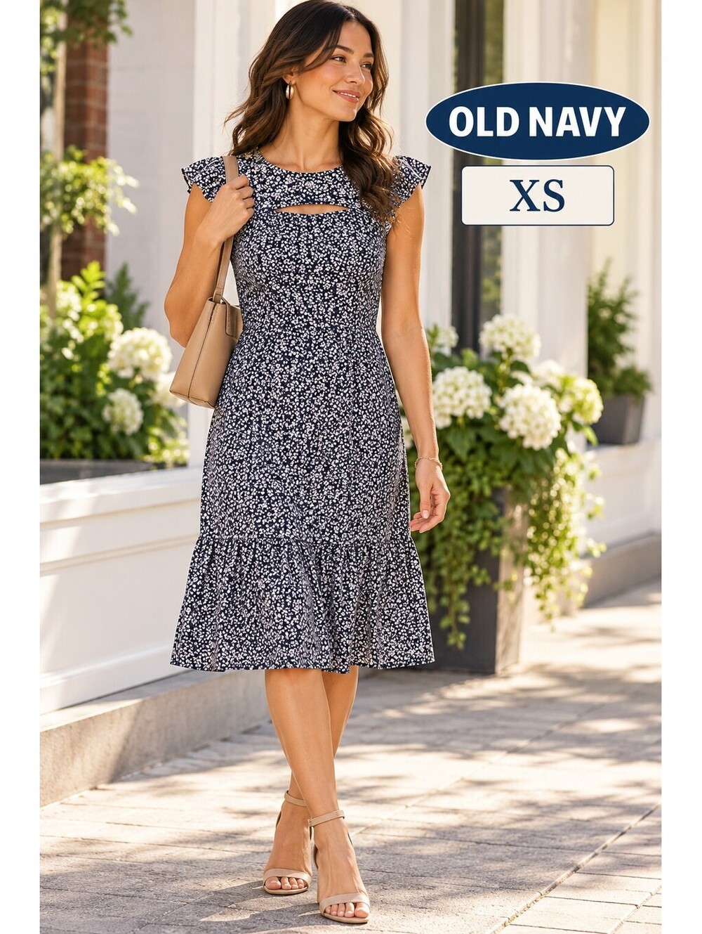 Old Navy | XS | Navy Ditsy Floral Smocked Flutter Sleeve Mini Dress